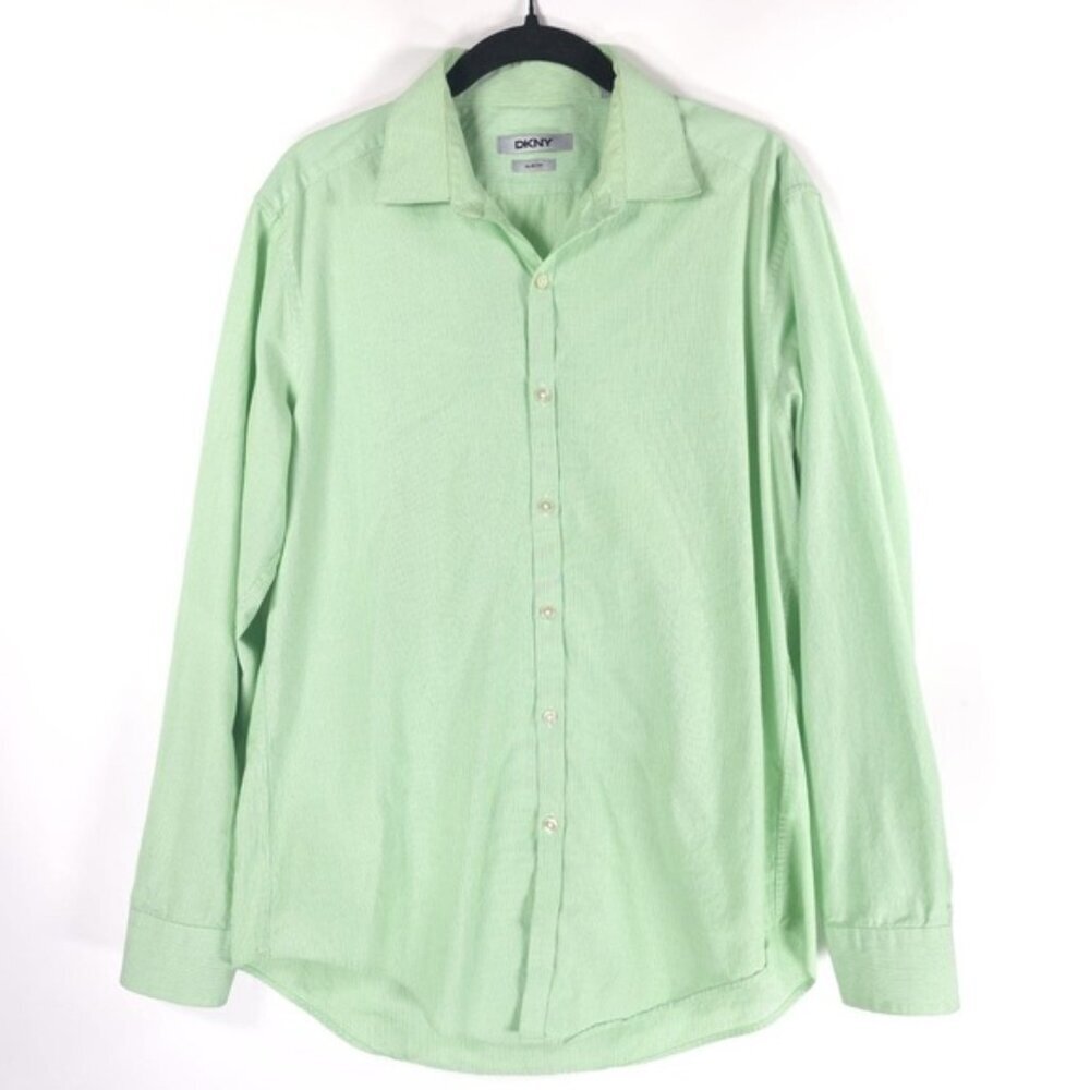 DKNY SLIM FIT Long Sleeve Button Up Shirt Green Size MEDIUM 15 1/2 32/33